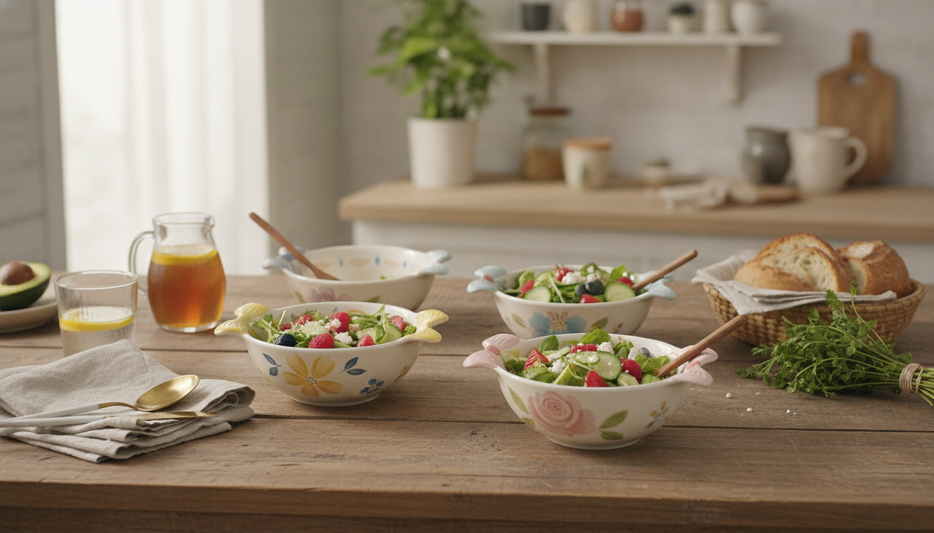 Cream Floral Double-Handle Porcelain Bowl for Serving