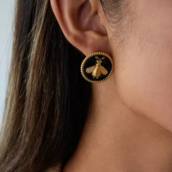 Black Round Bee Stud Earrings: Stainless Steel Style